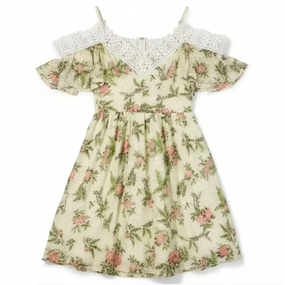 Disney Princess Aurora Dress Girls 7/8 Floral Lace Cold Shoulder Cottagecore